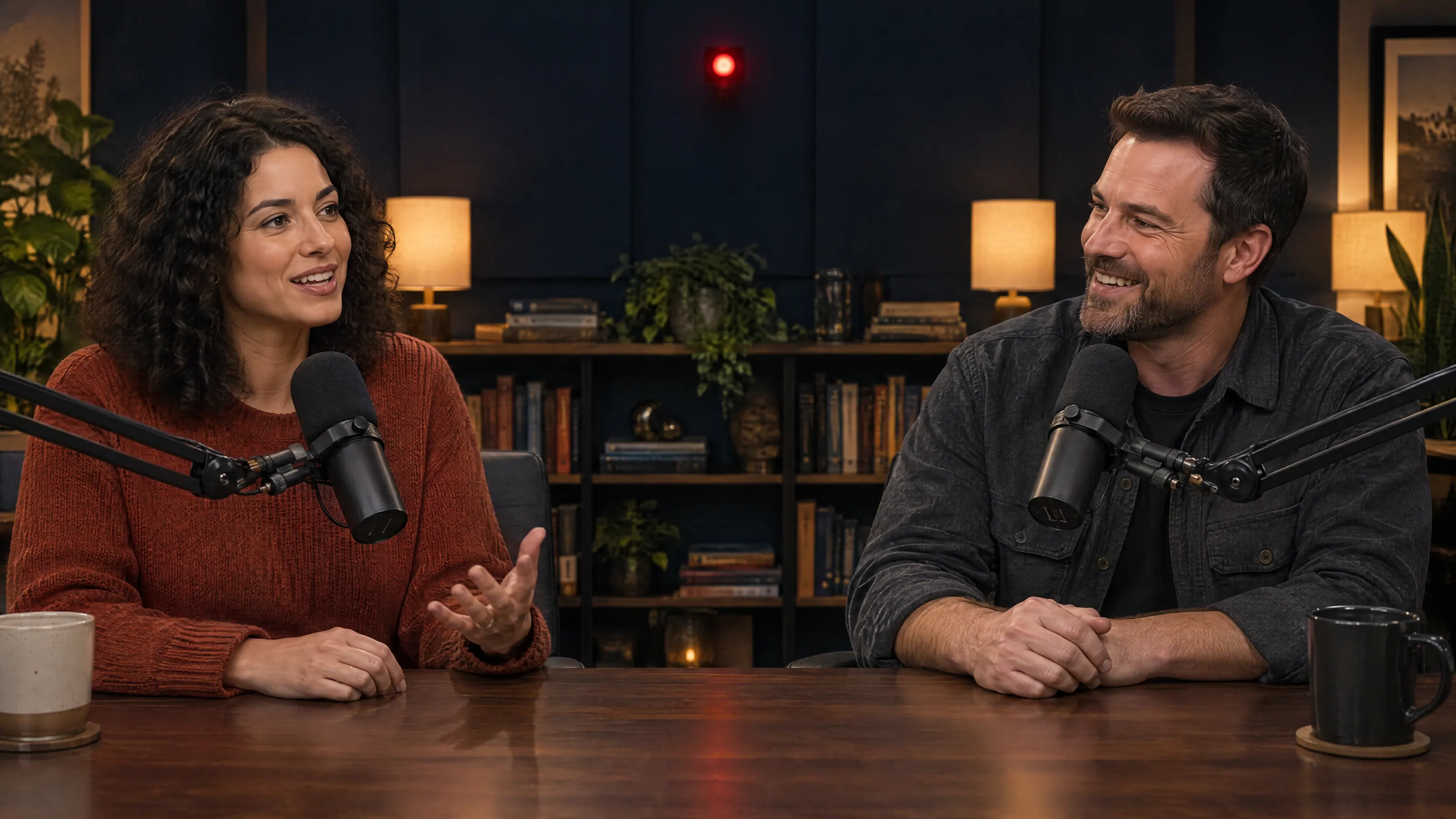 Two people recording a video podcast at a walnut desk, host on the left and guest on the right